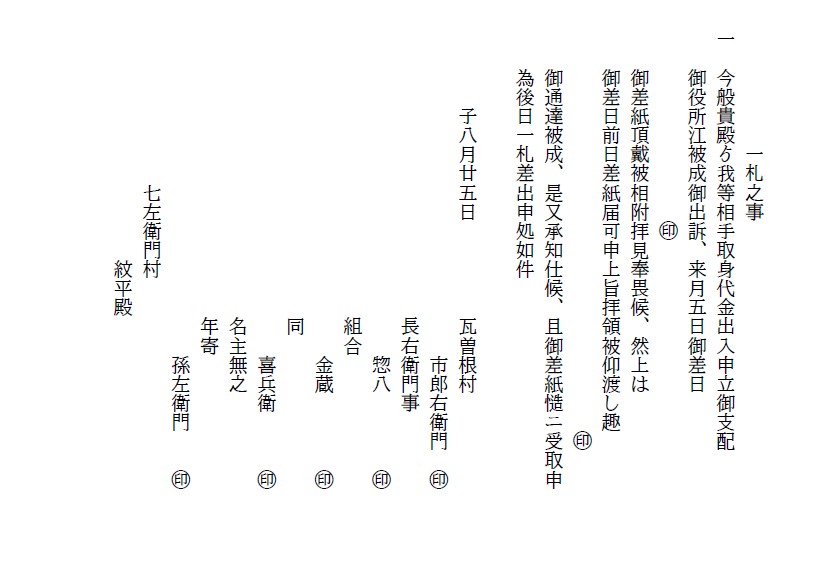 一札之事（身代金出入差紙請取）翻刻